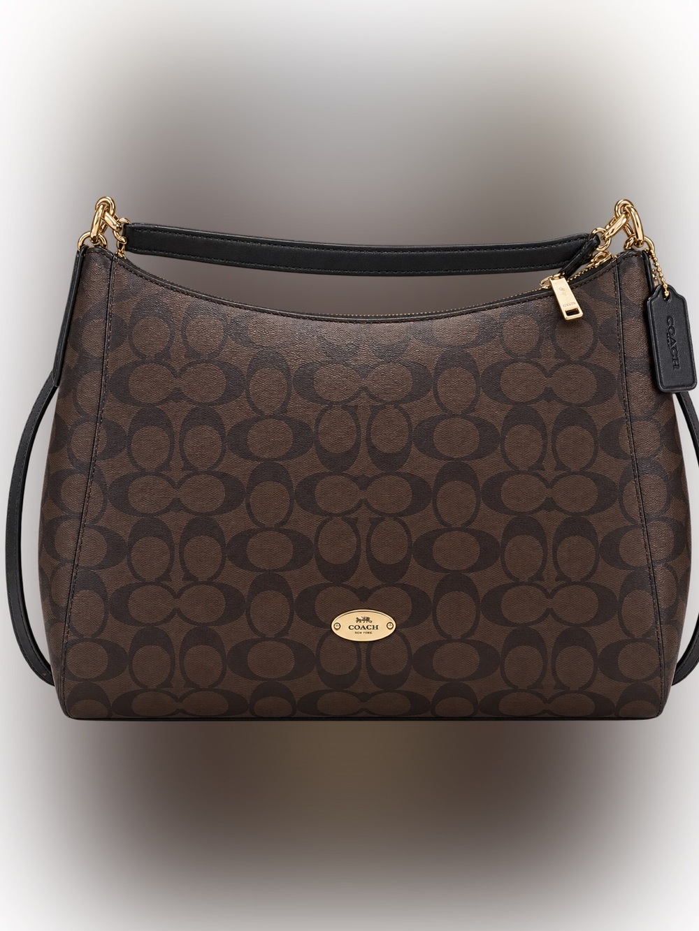 Coach Brown Signature Canvas Shoulder Bag with Black Strap